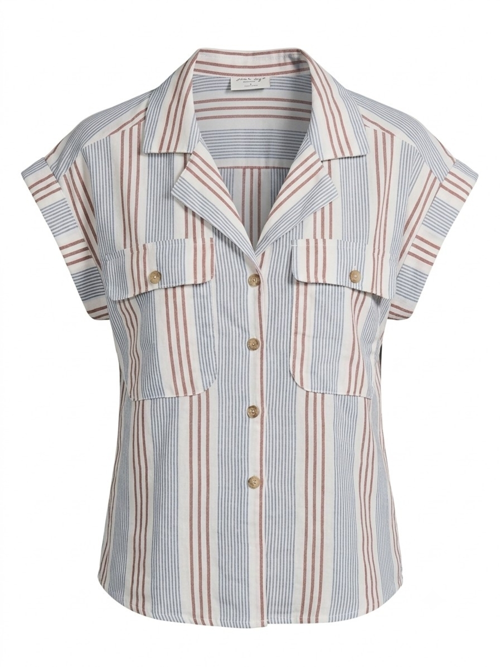 Sleeveless Striped Button-Front Shirt - Blue & Brown